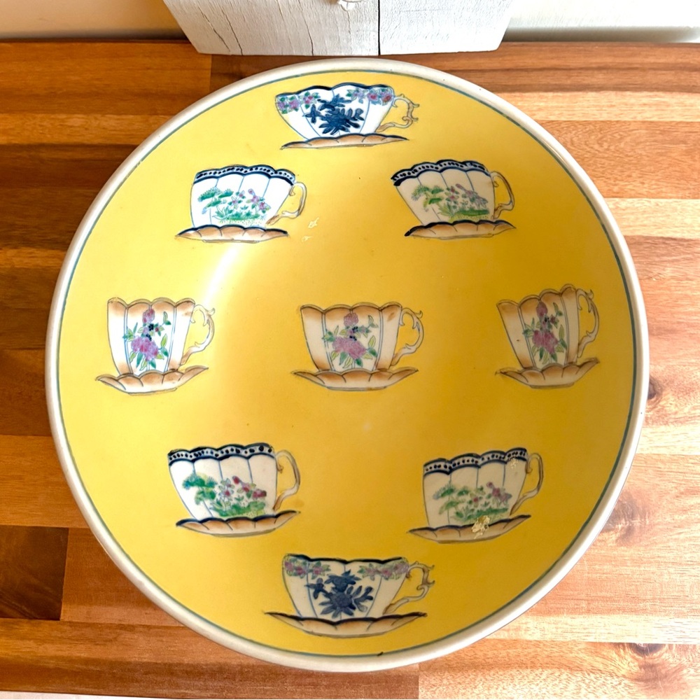 Vintage Chinese Pale Yellow Hand Painted Teacup Bowl, 10” - Picture 3 of 10